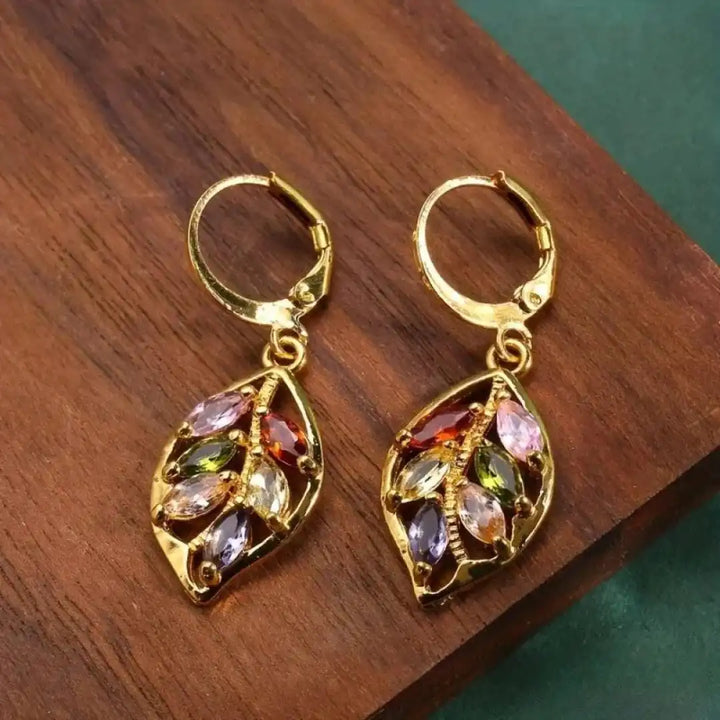 Gold Drop Earrings with Multicolour Crystal Leaf Motif