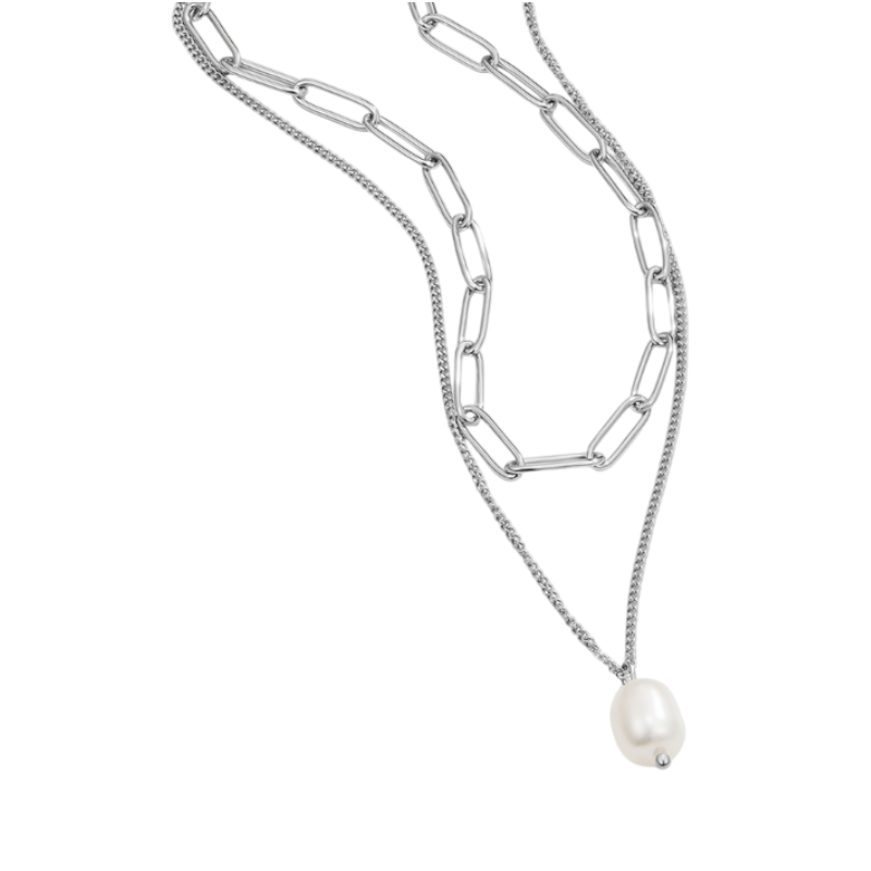 Silver Necklace with Baroque Pearl and Layered Chains