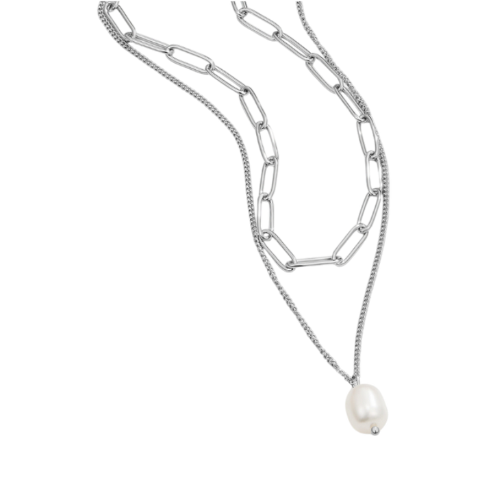 Silver Necklace with Baroque Pearl and Layered Chains