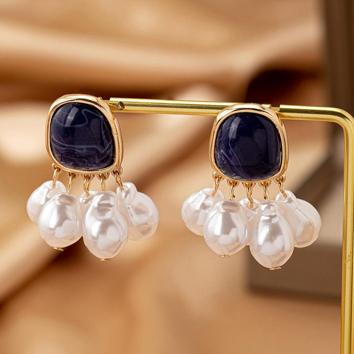 Gold Drop Earrings with Navy Cabochon and Pearl Fringe