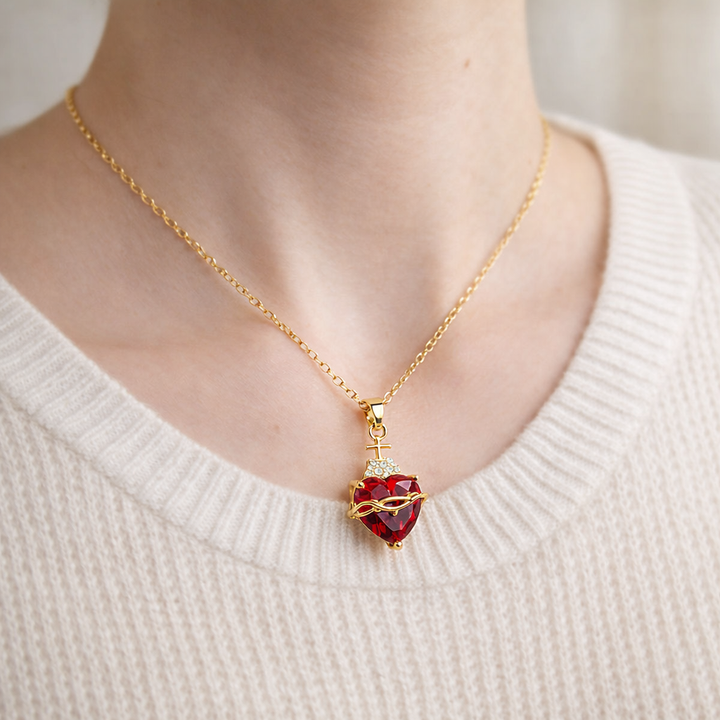 Gold-Plated Necklace with Sacred Heart and Red Garnet