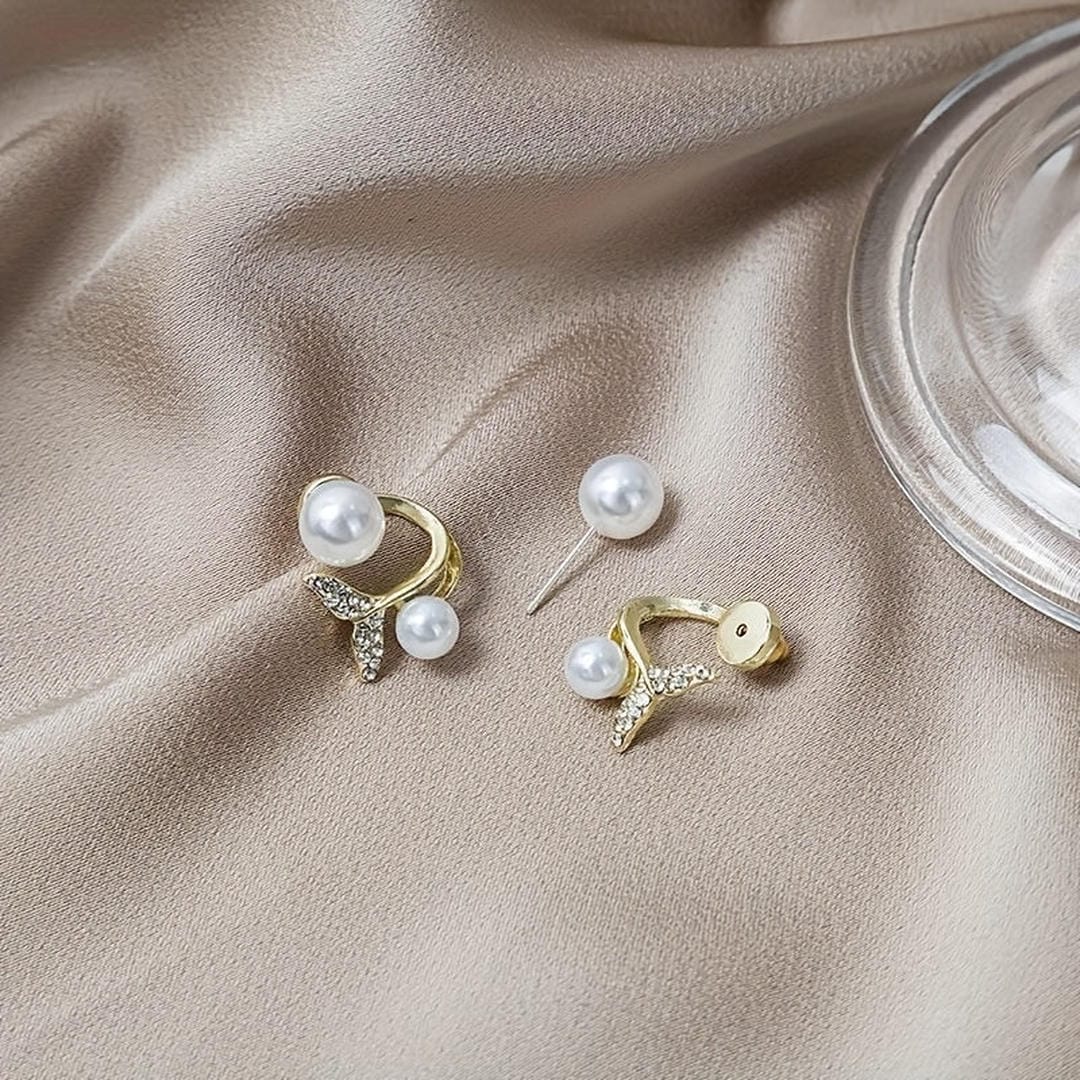 Gold Stud Earrings with Pearl and Whale Tail Motif