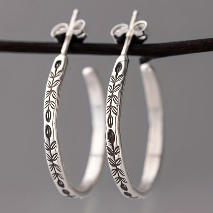 Silver Hoop Earrings Westport with Floral Engraving
