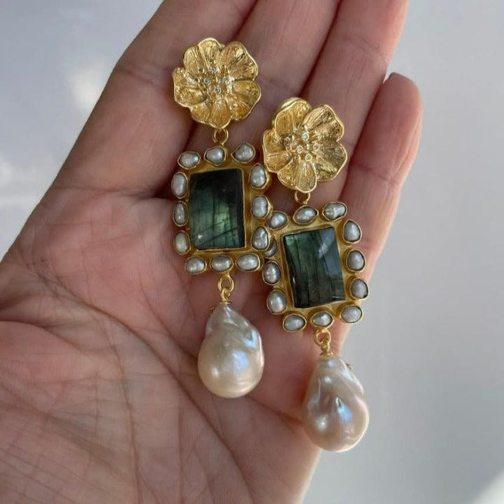 Gold Drop Earrings with Flower Motif and Labradorite