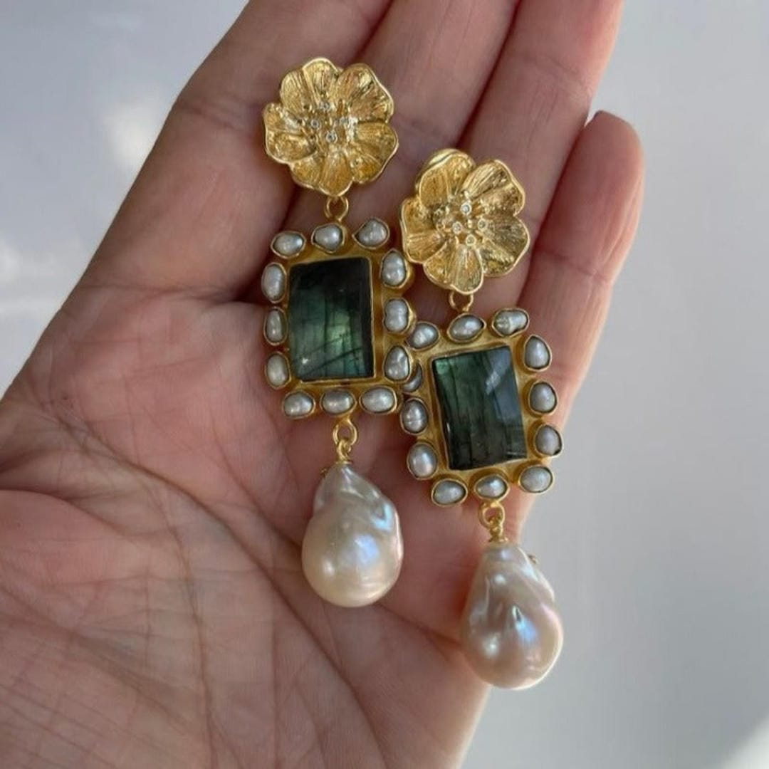 Gold Flower Drop Earrings with Labradorite and Pearl