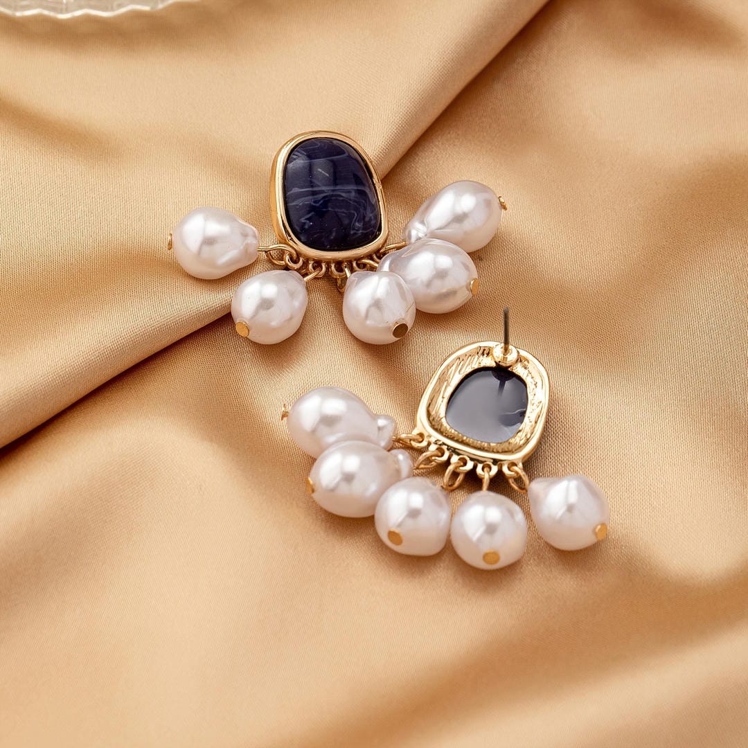 Gold Drop Earrings Darina with Blue Stone and Pearls