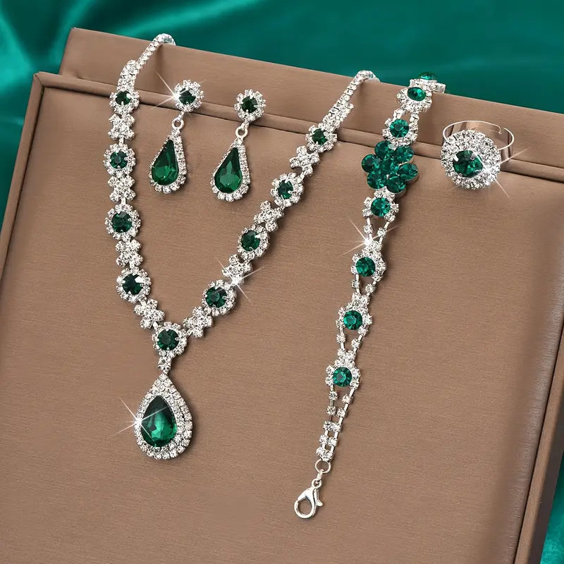 Silver Necklace Set with Emerald Green Crystals and Teardrop