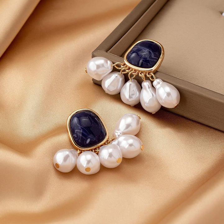 Gold Drop Earrings with Navy Cabochon and Pearl Fringe