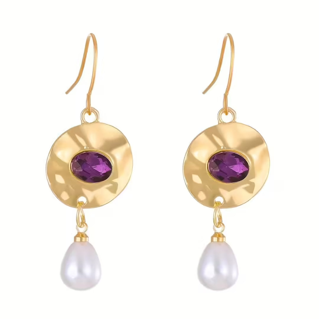 Gold Drop Earrings Méabh with Amethyst and Pearl