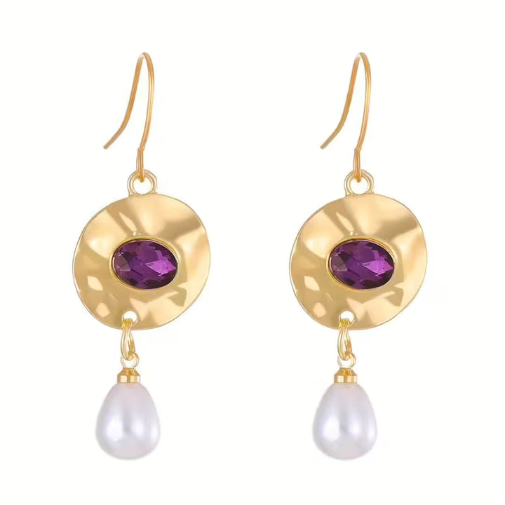 Gold Drop Earrings Dingle with Amethyst and Pearl