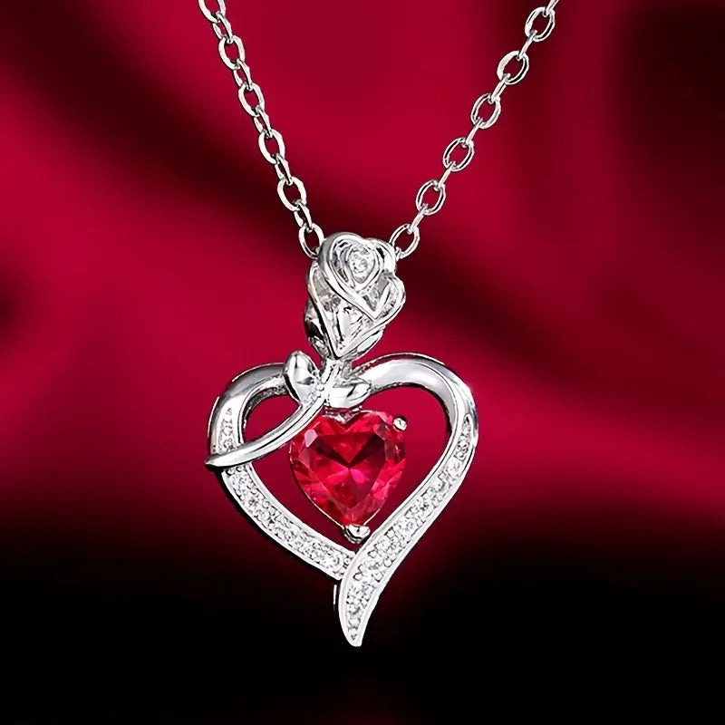 Silver Necklace Béibhinn with Ruby Heart and Rose