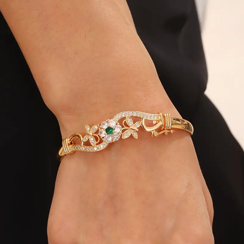 Gold Bangle Bracelet Gráinne with Emerald &amp; Zirconia