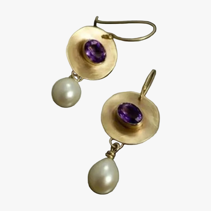Gold Drop Earrings Órla with Amethyst &amp; Pearl