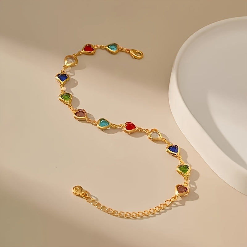 Gold Chain Bracelet Áine with Rainbow Crystal Hearts