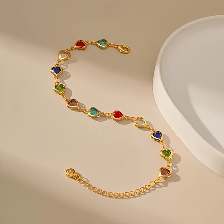 Gold Chain Bracelet Áine with Rainbow Crystal Hearts