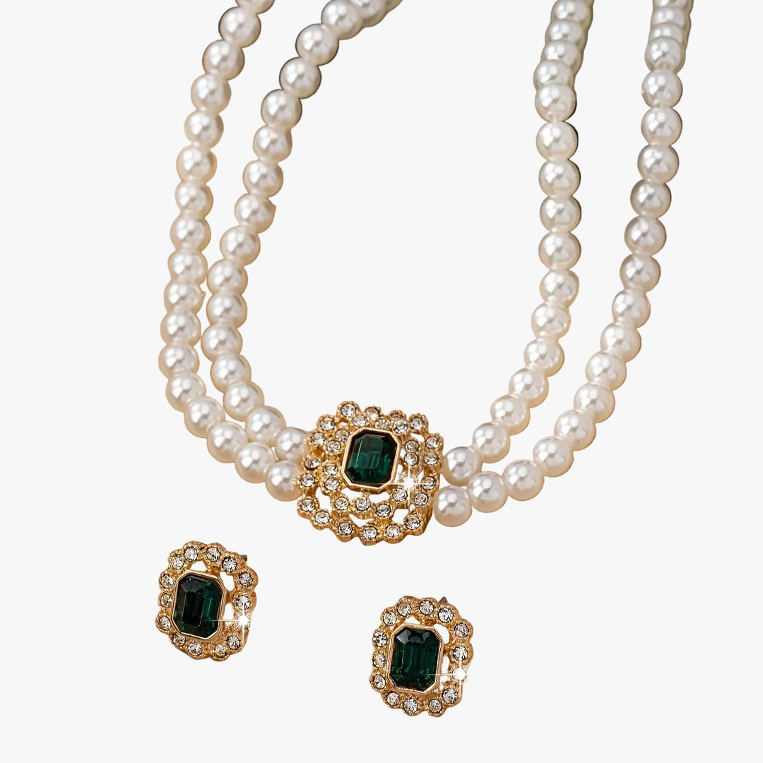 Pearl Necklace and Earrings Set with Emerald and Zirconia