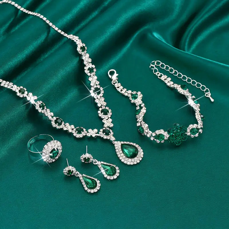 Silver Necklace Set with Emerald Green Crystals and Teardrop