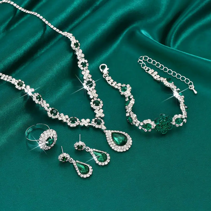 Silver Necklace Set with Emerald Green Crystals and Teardrop