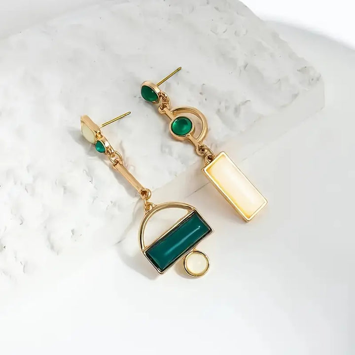 Gold Drop Earrings Bríd with Green Stones &amp; Pearl