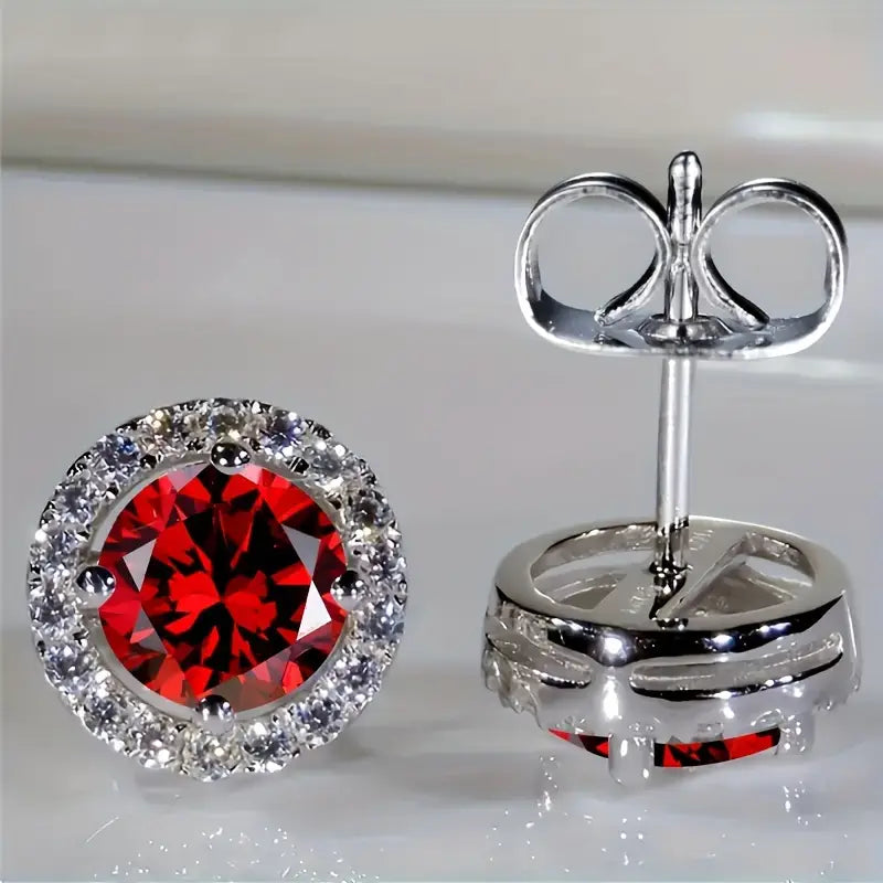 Silver Stud Earrings Deirdre with Ruby Halo