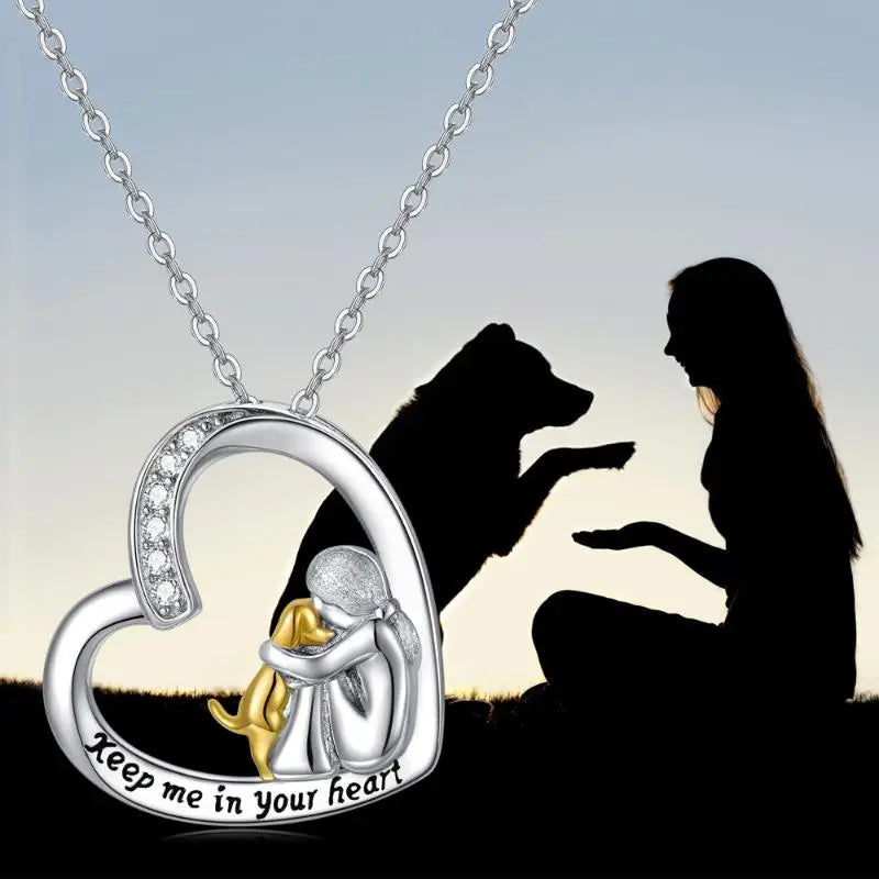 Silver Necklace Dáiríne with Gold Dog Hug and Heart