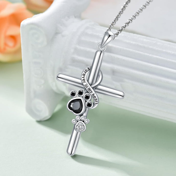 Sterling Silver Necklace with Cross and Paw Prints