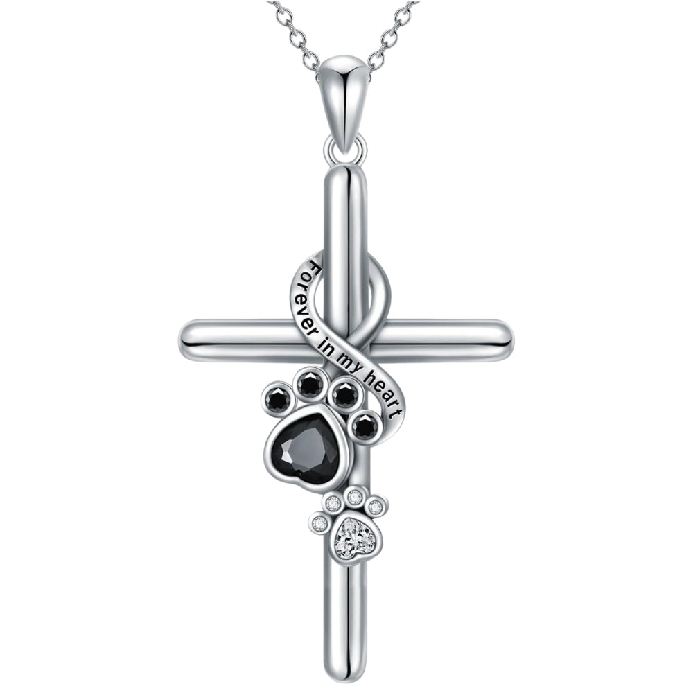 Sterling Silver Necklace with Cross and Paw Prints