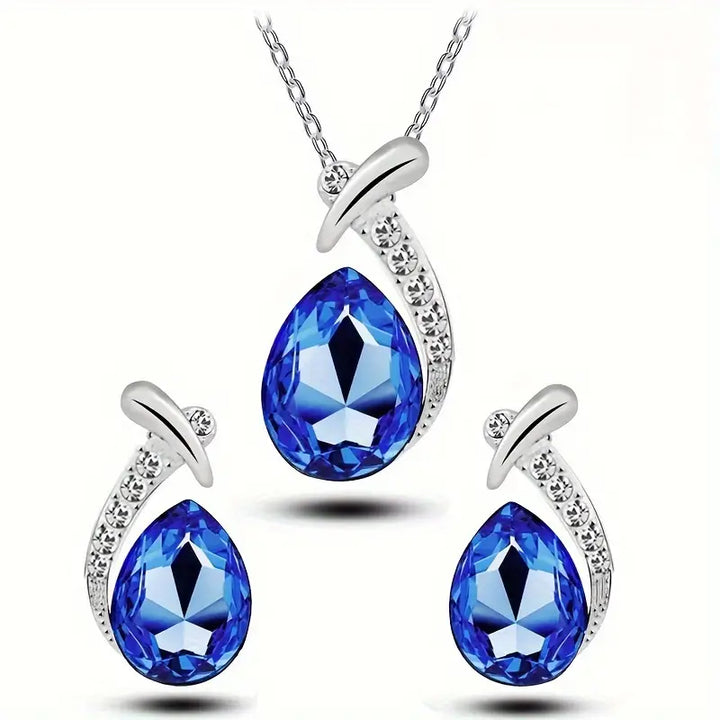 Silver Necklace and Earrings Set with Blue Teardrops and Zirconia