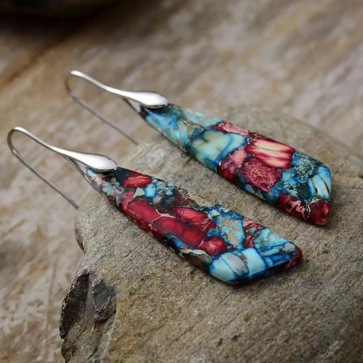 Gold Drop Earrings with Red and Turquoise Mosaic Stone