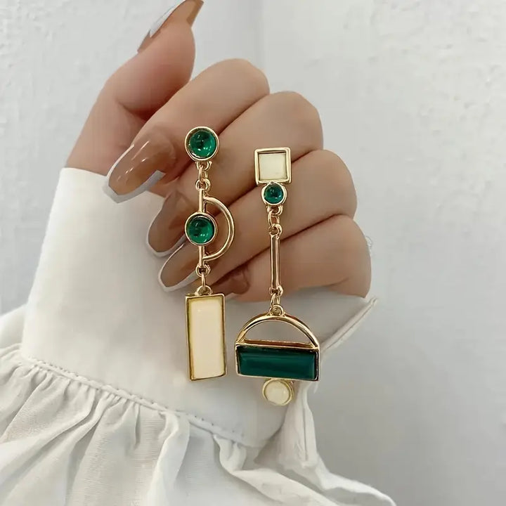 Gold Drop Earrings Bríd with Green Stones &amp; Pearl