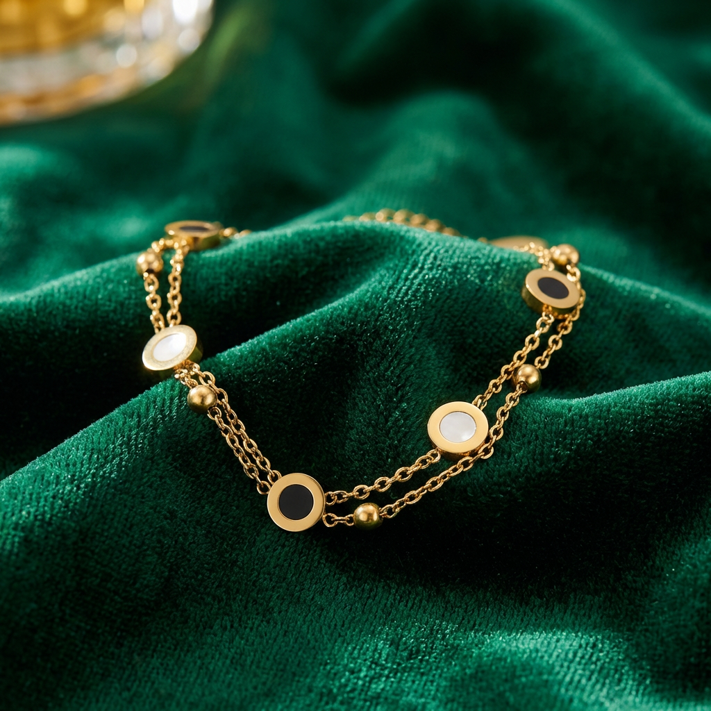 Gold Chain Bracelet Aoife with Black &amp; White Discs