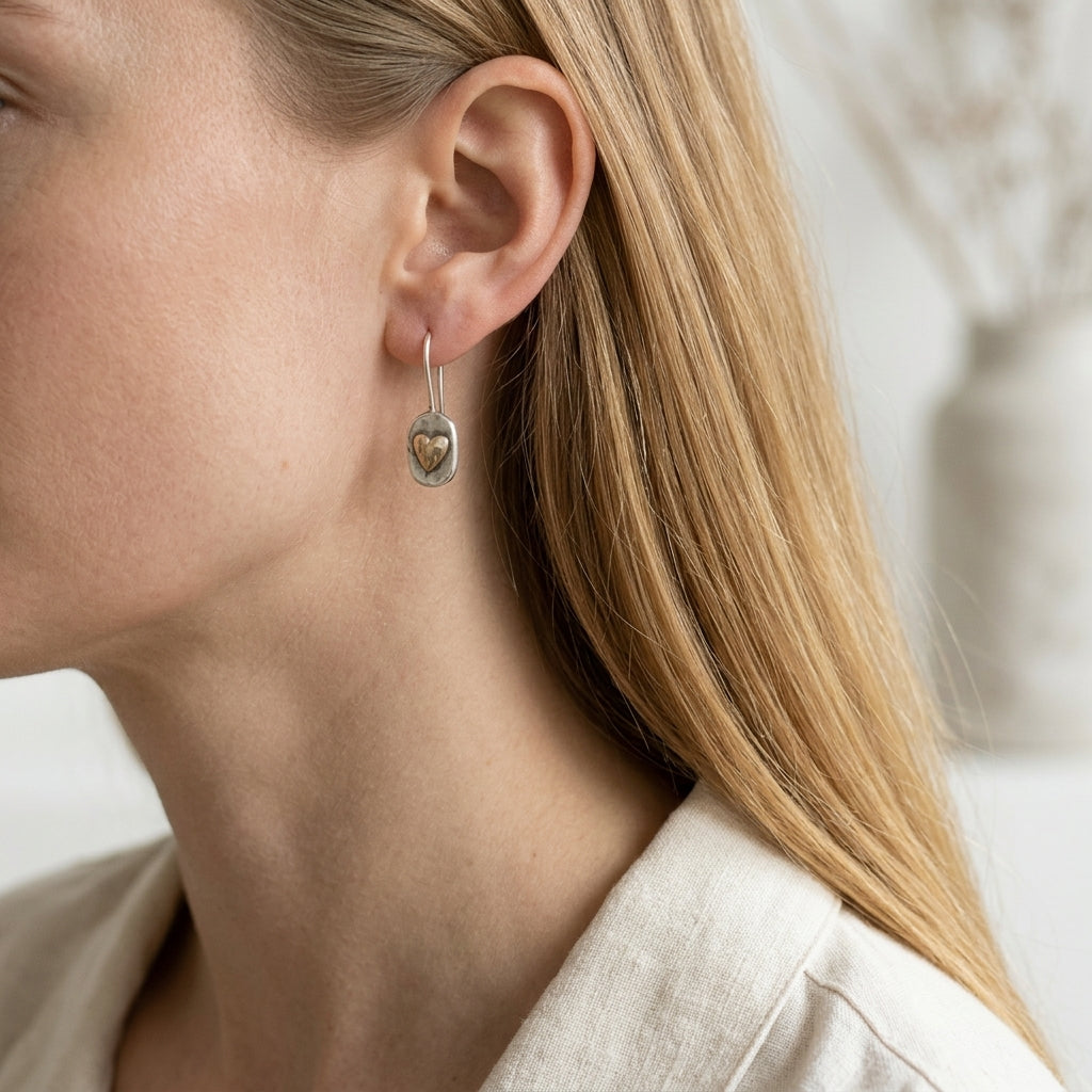 Gold &amp; Silver Drop Earrings Maeve with Heart Motif