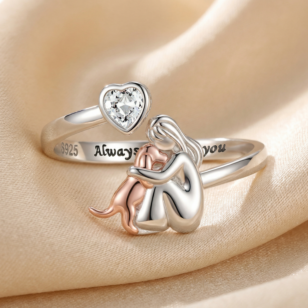 Sterling Silver Adjustable Ring with Woman &amp; Dog Motif