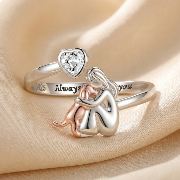 Sterling Silver Adjustable Ring with Woman &amp; Dog Motif