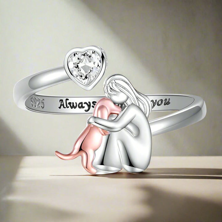 Sterling Silver Adjustable Ring with Woman &amp; Dog Motif