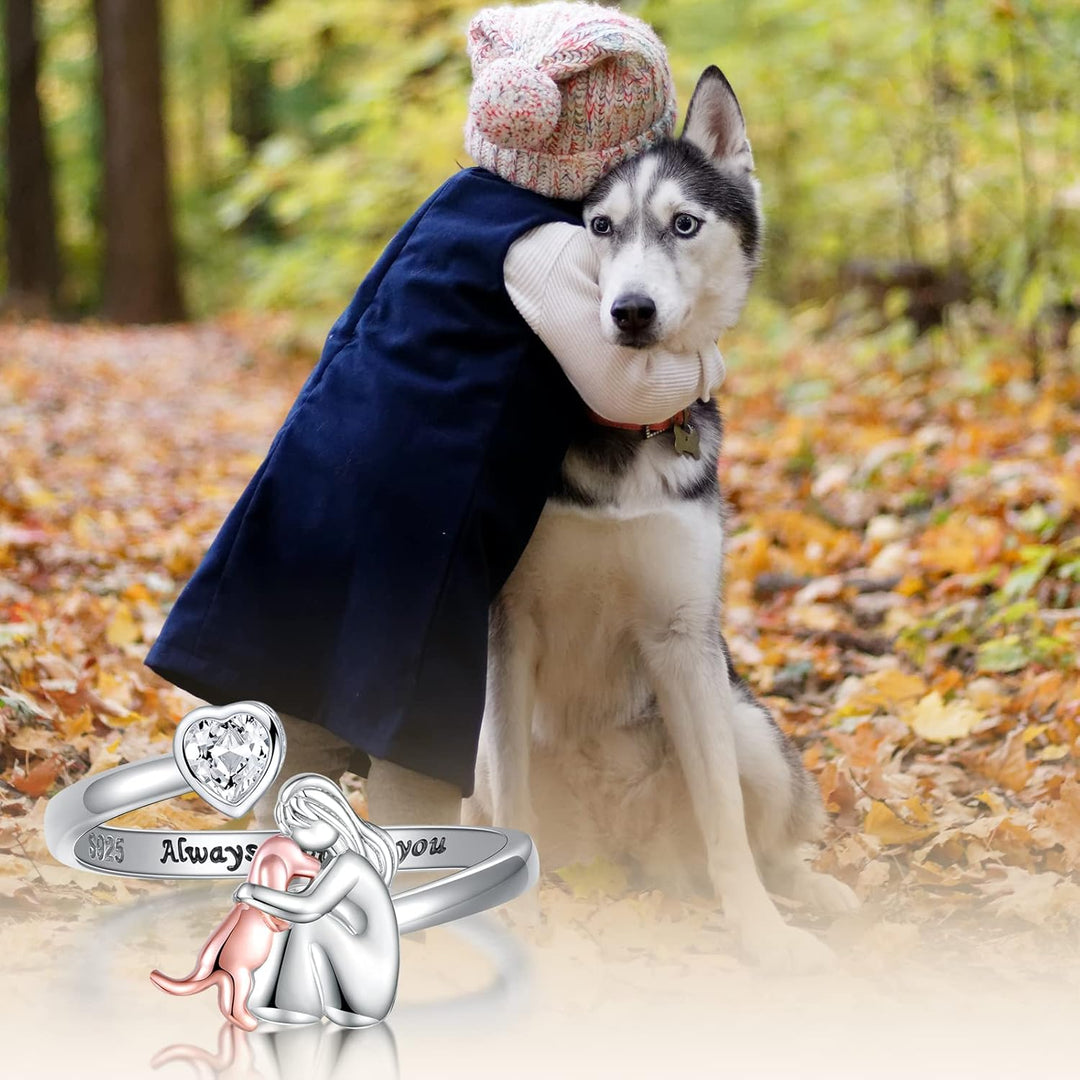 Sterling Silver Adjustable Ring with Woman &amp; Dog Motif