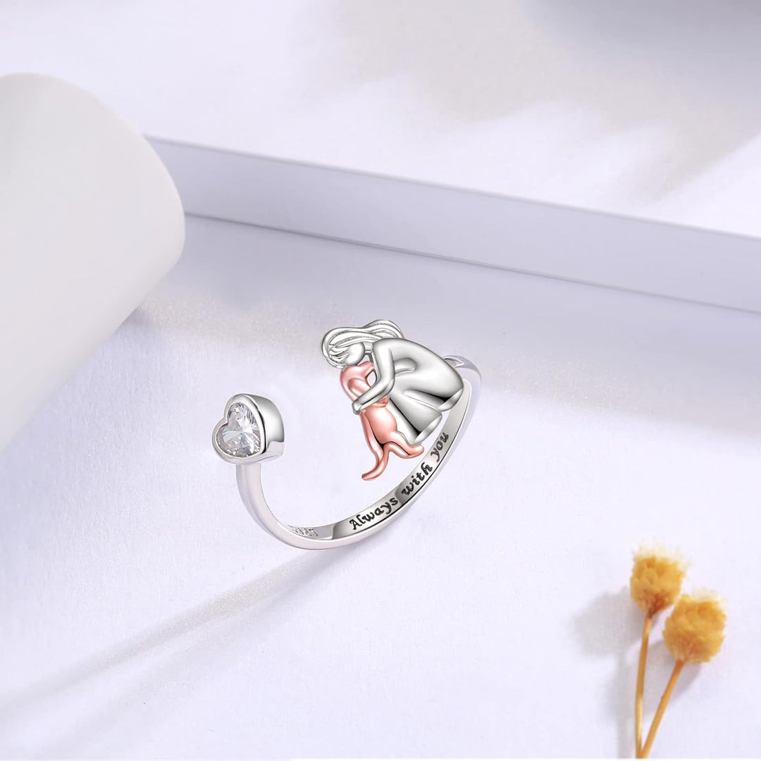 Sterling Silver Adjustable Ring with Woman &amp; Dog Motif