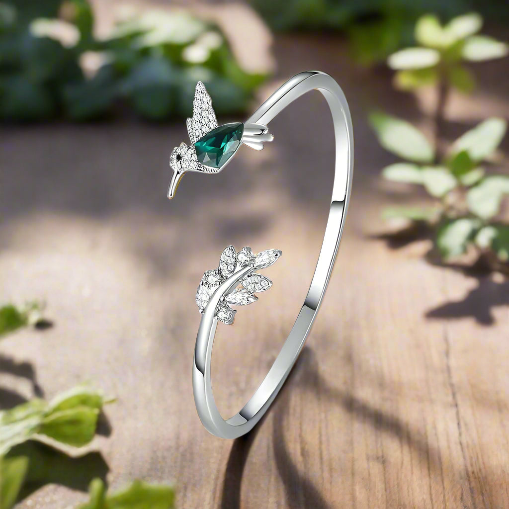 Silver Adjustable Ring with Emerald Hummingbird