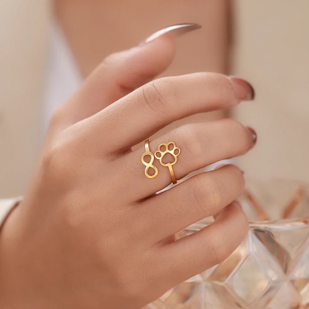 Gold Stainless Steel Ring with Infinity and Paw Print