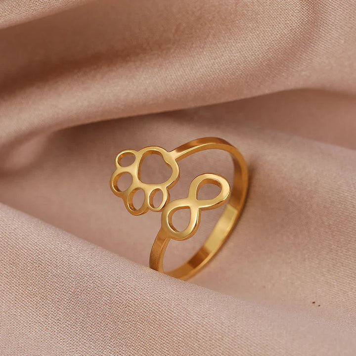 Gold Stainless Steel Ring with Infinity and Paw Print