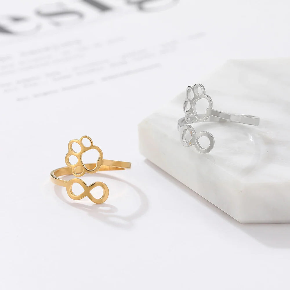 Gold Stainless Steel Ring with Infinity and Paw Print
