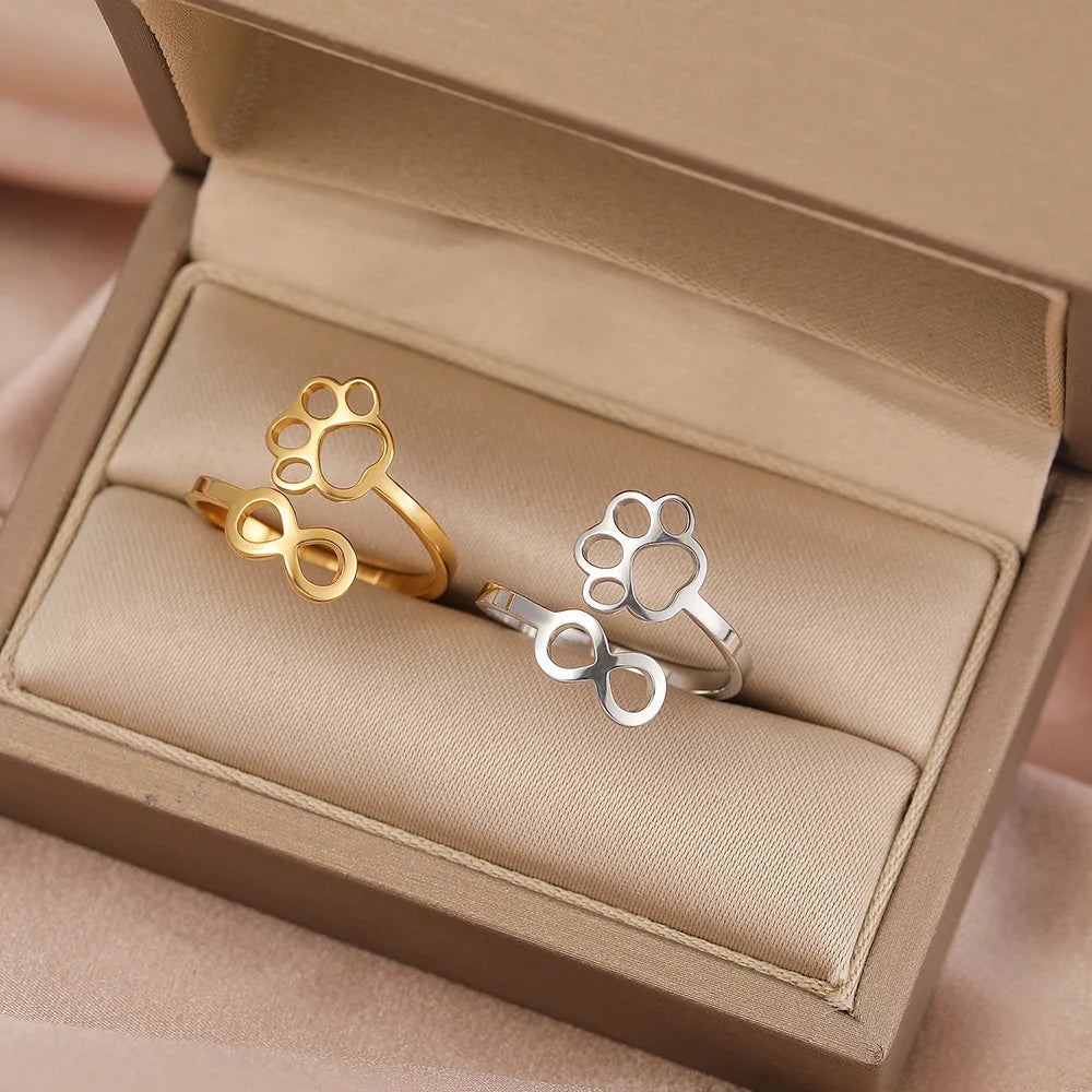 Gold Stainless Steel Ring with Infinity and Paw Print
