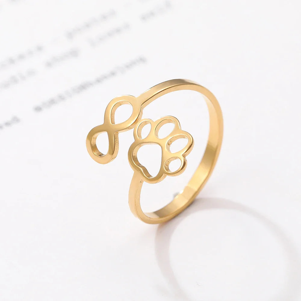 Gold Stainless Steel Ring with Infinity and Paw Print