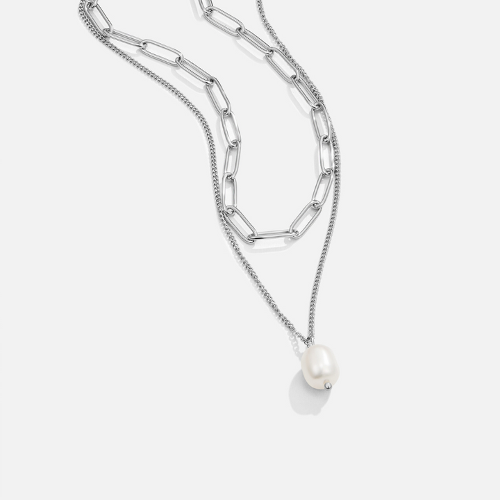 Silver Necklace with Baroque Pearl and Layered Chains