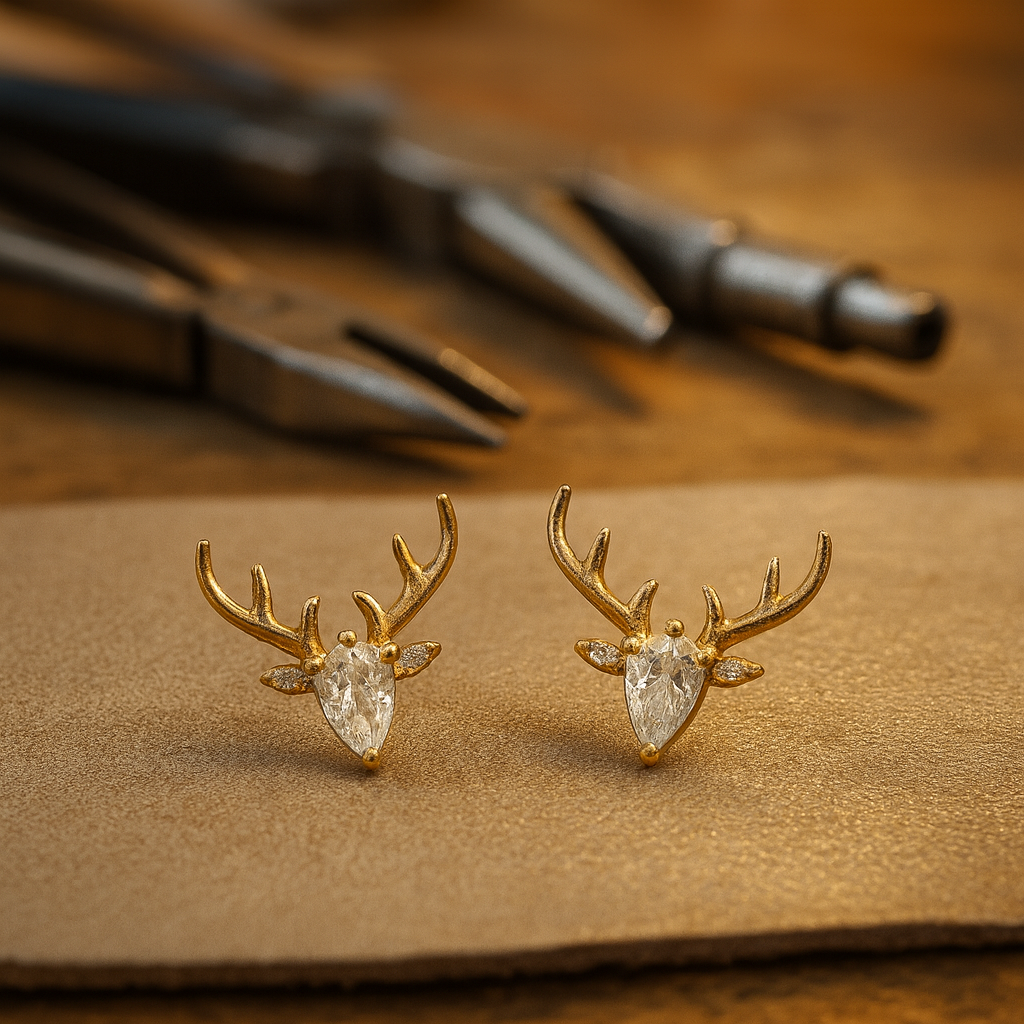 Gold Stud Earrings with Antler Motif and Zirconia