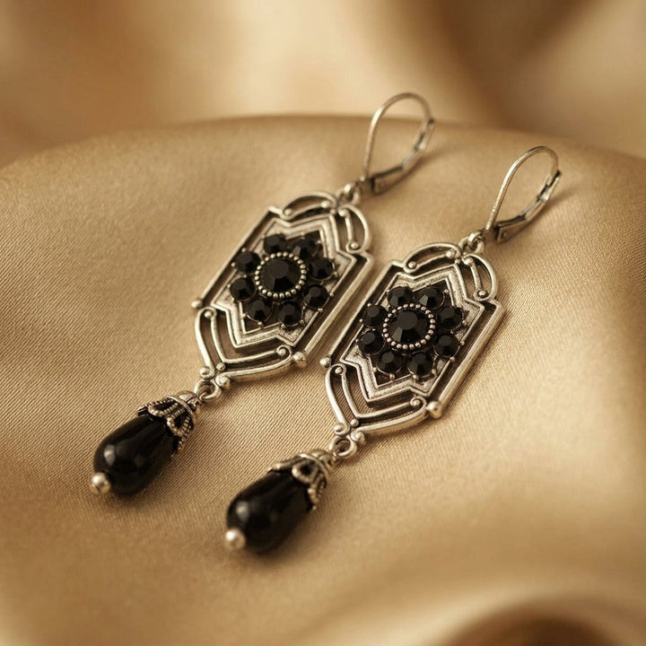 Silver Drop Earrings Cong with Black Crystals