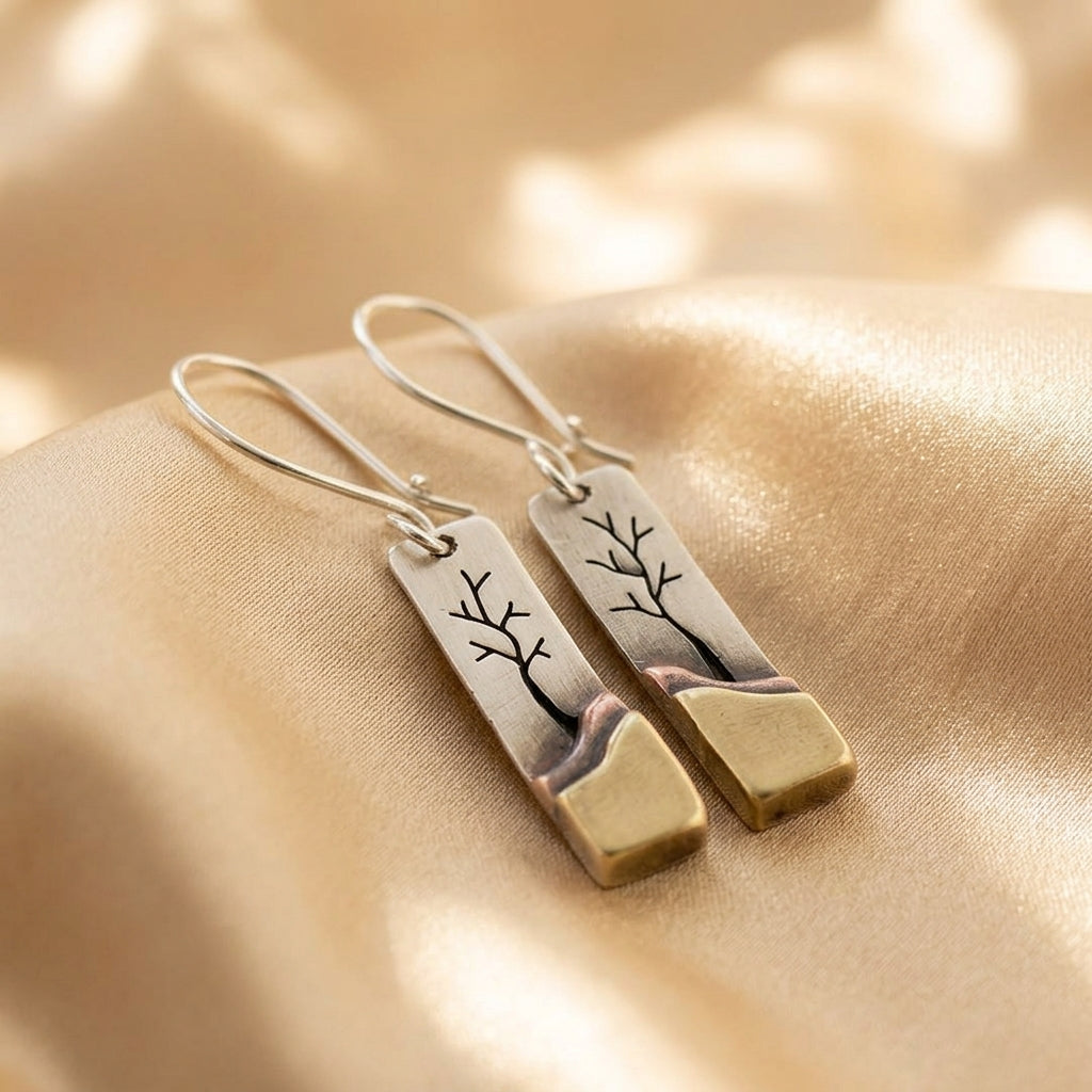 Silver &amp; Gold Drop Earrings Clíona with Tree Motif