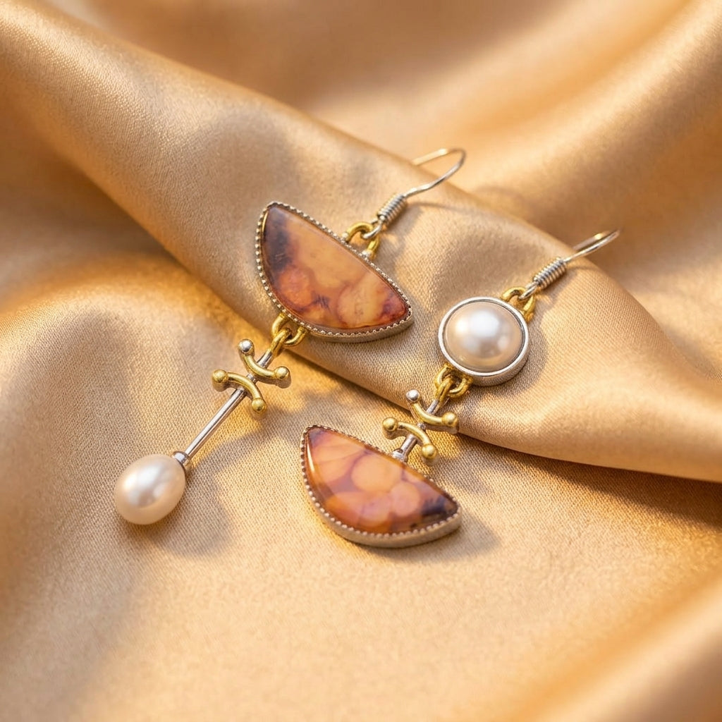 Gold &amp; Silver Drop Earrings with Amber Stones and Pearl
