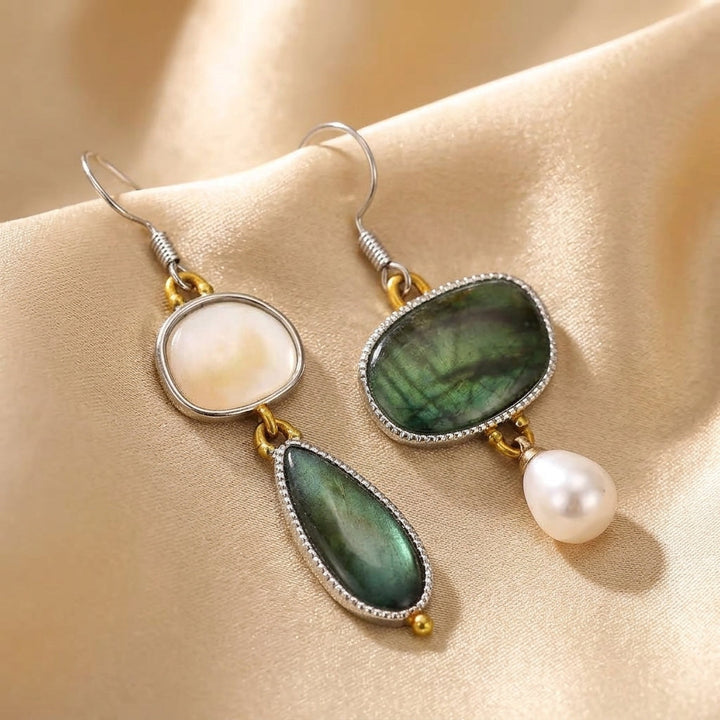 Gold &amp; Silver Drop Earrings with Green Stone and Pearl