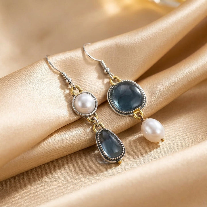 Gold &amp; Silver Drop Earrings with Blue Stone and Pearl